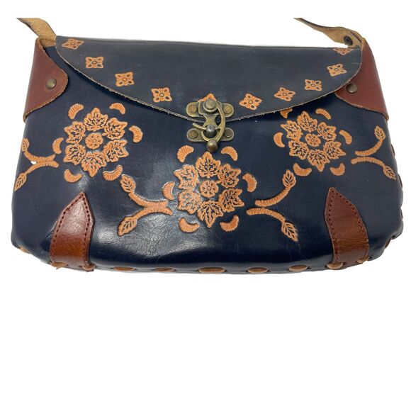 Small Vintage Blue Boho Floral Hand Crafted Tooled Leather Shoulder Bag - Picture 1 of 12